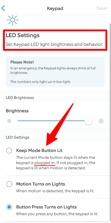 Ring Keypad light settings