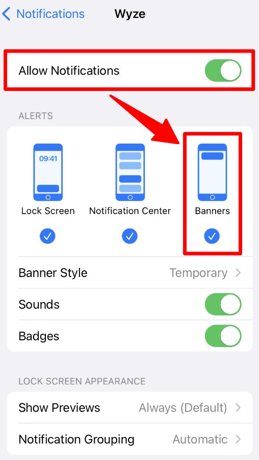 Wyze iOS notification settings